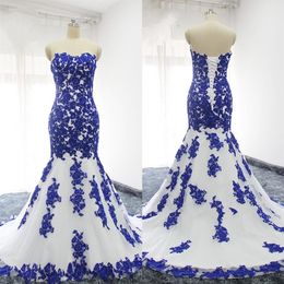 Royal Blue Applique Lace Mermaid Wedding Dresses Strapless Beaded Sequins Plus Size Bridal Dress For Womens Party Bridal Custom Fo297E