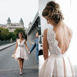 A-line Short Wedding Dress Knee-length Lace Appliques Backless Bridal Gown Satin V-neck Wedding Dresses Custom Made191J