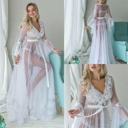 Bathrobe Sleepwear Woman Illusion Tulle Jumpsuits Robe Long Party Wedding Dresses Plus Size Custom Made Bride Gowns2958