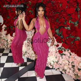 Casual Dresses ANJAMANOR Ruffled Mesh Deep V Halter Backless Long Maxi Dress Sexy Party Night Clubwear Pink Birthday Dressed for Women D85-CF24 J230619