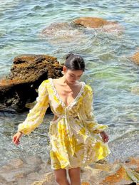 Casual Dresses 2023 V Neck Off The Shoulder Yellow Floral Print Stringy Selvedge Women Backless Sweet Dress