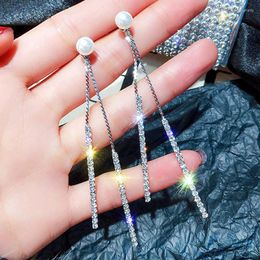 Dangle Earrings Long Tassel Crystal Rhinestone Earring Exquisite Pearl Silver Color For Women Wedding Bride Jewelry Gifts