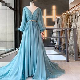 Elegant Blue Muslim Evening Gowns Long Sleeves Formal Dress A-Line deep V-Neck Chiffon Arabic Abendkleider Party Prom Dresses