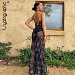 Casual Dresses Cryptographic Spaghetti Strap Polka Dot Maxi Dresses Sexy Backless Women Dresses Party Club Black Mesh See Through Dress Elegant J230619