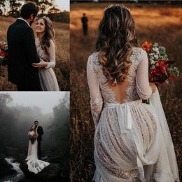 Sexy Bohemian Wedding Dresses With Long Sleeves V Neck Lace Appliques Backless Sweep Train Boho Beach Country Plus Size Bridal Gow248x