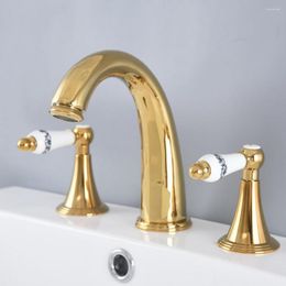 Bathroom Sink Faucets Polished Gold Color Brass Deck Mounted Dual Handles Widespread 3 Holes Basin Faucet Mixer Water Taps Mnf987