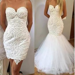 Delicate White Lace Spaghetti Straps Wedding Dress 2019 New Mermaid Appliques with Detachable Train Bridal Gowns Wedding Reception272K