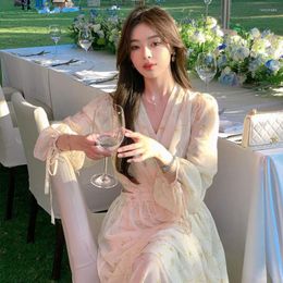 Casual Dresses Summer French Elegant Floral Midi Dress Women Korean Fashion Style Party Chiffon Long Sleeve One Piece Clothes 2023