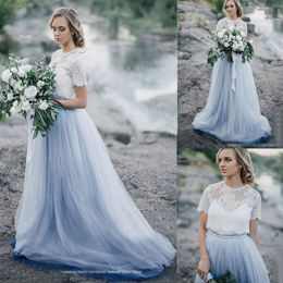 Elegant Dusty Blue Wedding Dress Tulle Bridal Gowns With Lace Tops Jacket Boho Wedding Dress Vestido de Noiva281t
