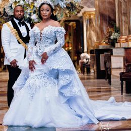2021 Plus Size Arabic Aso Ebi Luxurious Lace Beaded Wedding Dresses Mermaid Long Sleeves Bridal Dresses Vintage Wedding Gowns ZJ96225L