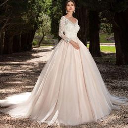 Tulle Long Sleeve Blush Colour Wedding Dress V-Neck Ball Gown Appliques Lace casamento Bridal Gowns Illusion Back vestido de noiva263T