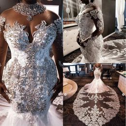 Luxury 2020 High Neck South African Mermaid Wedding Dresses Lace Crystals Beading Long Sleeves Bridal Gown High Neck Plus Size Ves3202