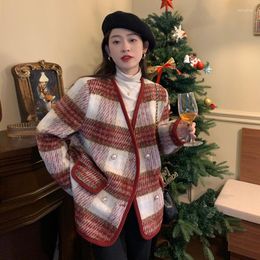 Women's Jackets Christmas Red Tweed Coat Autumn Winter 2023 Style Small Fragrance Thickened Cotton Plaid Long Sleeve Blouse Women