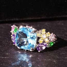 Cluster Rings Blue Zircon Crystal Vintage Fashion Charm Gemstones Chinese Amulets Women Natural Adjustable Ring 925 Silver Jewelry