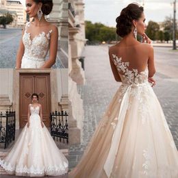Illusion Neckline Lace Pearls Sexy Back Modest Plus Size Bridal Gowns Vintage Mila Nova Champagne Princess Wedding Dresses227B