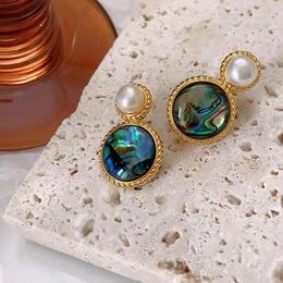 Retro Green Oil Painting Colorful Abalone Shell Stud Earrings Ladies Luxury Design Natural Pearl Earrings Jewelry Gift