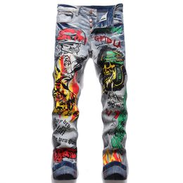 Men's Jeans Men Printed Stretch Denim Streetwear Character Skull Flame Painted Pants Vintage Buttons Fly Slim Ripped Trousers 230619