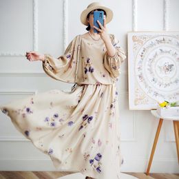 Work Dresses High End Silk Chinese Style Printed Lantern Sleeve Top Skirt Two-piece Fashion Suit