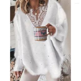 Women's Sweaters Lace V Neck Women Stitched Bead Spring Fashion Loose Casual Pullovers Knitted Sweater Lugentolo