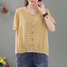 Women's Blouses Fashion Printed V-Neck Button Irregular Folds Plaid Blouse Women's Clothing 2023 Summer Casual Pullovers Asymmetrical