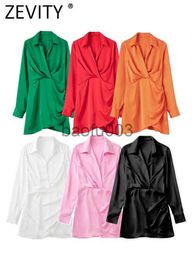 Casual Dresses Zevity Women Fashion Long Sleeve Pleats Desgin Soft Satin Mini Shirt Dress Office Ladies Chic Irregular Hem Slim Vestidos DS974 J230619