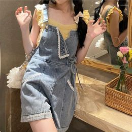 Women's Jeans 2023 Summer Lace Edge Denim Strap Shorts Women's Loose Straight Barrel High Waisted Wide Leg Pants For Teenage Girls