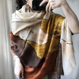Scarves Cotton Linen Scarf Women Autumn And Winter Korean Style Warm Outer Wear Renaissance Sprinkle Gold Oil Painting Long Tassel Shawl