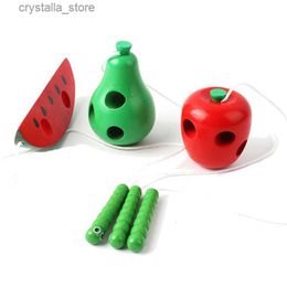 Baby Wooden Puzzle Worm Eat Fruit Apple Pear Funny Wooden Threading Toys Montessori Educational Toys for Children