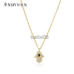 Pendant Necklaces ANDYWEN 925 Sterling Silver Hamsa Hand Pendant Neckle Gold Long Chain Fashion Jewellery Party Jewels Luxury ZIrcon CZ Wedding J230620