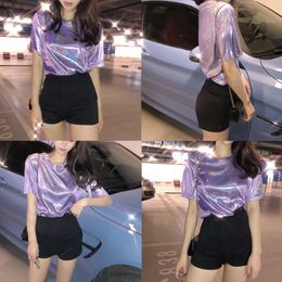 New summer retro style stylish bright silk woman tops shiny loose short sleeve t-shirt sexy club aesthetic harajuku women