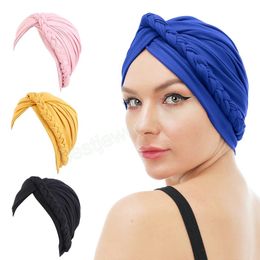 Muslim Women Turban Bohemian Twist Style Briaded Headwrap Women's Soild Colour Elastic Bandana Hijab Soft Headscarf Chemo Cap