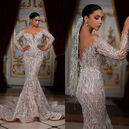 Elegant Off The Shoulder Mermaid Wedding Dress Sweetheart Sequined Lace Arabic Backless Tassel Trumpet Bridal Gowns Robe De Soiree