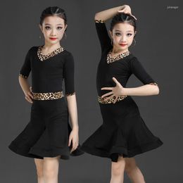 Stage Wear 2023 Spring Summer Split Leopard Print Latin Dance Dress Children Professional Performance Training Competition Costumes