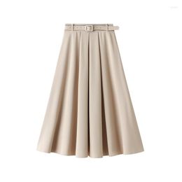 Skirts 2023 Spring Summer Women's Retro Pleated Swing High Waist A-Line Midi Skirt Office Lady Work Wear With Belt Faldas Mujer