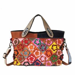 Totes leather Women's Bag with Diamond Grid Patchwork Cowhide Carrying Crossbody Bag Colourful Genuine Flower 230619