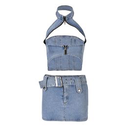 European and American Fashion Denim Suit Summer New Spice Girls Halter Slim Short Top with Culottes Two-piece Set Woman