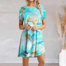 Casual Dresses Shirt Dress For Women 2023 Ladies Summer Ruffle Short Sleeve Printed Crew Neck Loose Sundresses Wear