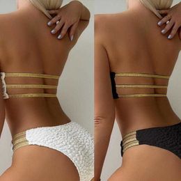 Womens Swimwear Sexy Texture Hollow Tube Top Split Bikini Female Brazilian High Waist T Back 230620
