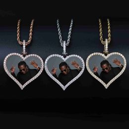 Pendant Necklaces TOPGRILLZ Custom Made Photo Heart Medallions Neckle Pendant With 4mm Tennis Chain AAA Cubic Zircon Men's Hip Hop Jewellery J230620