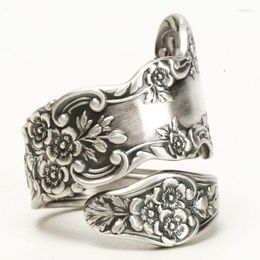 Cluster Rings Vintage Silver Color Carving Lotus Flower Spoon For Women Creativity Wedding Engagement Party Jewelry Gift