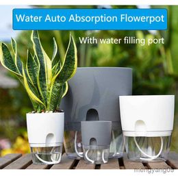 Planters Pots Transparent Double Layer Plastic Flower Pot Self Watering Flowerpot Cotton Rope Watering Small Plant Pot with Injection Port R230620