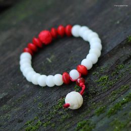 Charm Bracelets Red Beans Fashion White Bodhi Root Beads Bracelet Buddha Carved Lacquerware Ethnic Chinese Wind Vintage