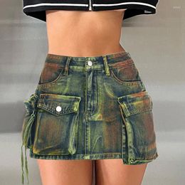 Skirts Women Tie Dye Asymmetrical Pockets Denim Sexy Fashion High Waist Female Clubwear Concise Y2K All-match Outfits