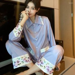 Women's Sleepwear Floral Print Women's Pajamas Suit Spring Autumn Full Sleeve Faux Silk 2PCS Nightwear Intimate Comfort Home Clothes