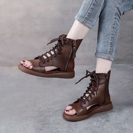 Top layer cowhide Roman sandals Women's hollow out sandals Fish mouth open toe genuine leather fashion zipper Flat bottom thick sole shoes