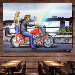 Rainbow Vintage Motorcycles Banner Flag Poster Wall Art Painting Tapestry Man Cave Bar Club Pub Garage Home Decor Mural Sticker L230620