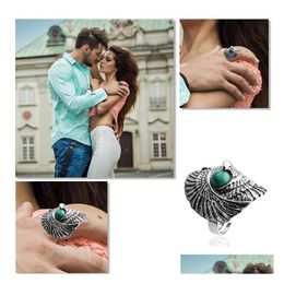 Band Rings Turquoise Ring Vintage Tibetan Sier Indian Wind Pine Stone Wings Eagle Big Eye Green Drop Delivery Jewellery Dhxko