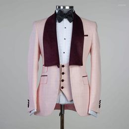 Men's Suits Pink Men Suit 2 Pieces Business Blazer Vest Jacket One Button Velvet Sheer Lapel Wedding Groom Formal Work Party Causal Tailored