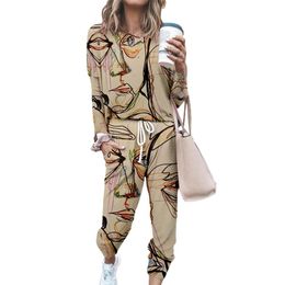 Auutumn Women's Set Pullovers Tops Pants Tracksuit Thin Stretchy O Neck Vintage Abstract Print Drawstring Sweat Suit for