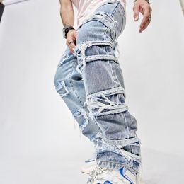 Jeans impilati da uomo Pantaloni in denim dritti distrutti effetto consumato Abbigliamento streetwear Jeans casual